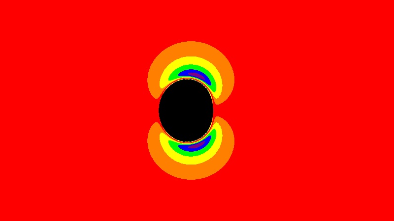Kerr black hole against a horizontal rainbow background — shadow shifted to one side