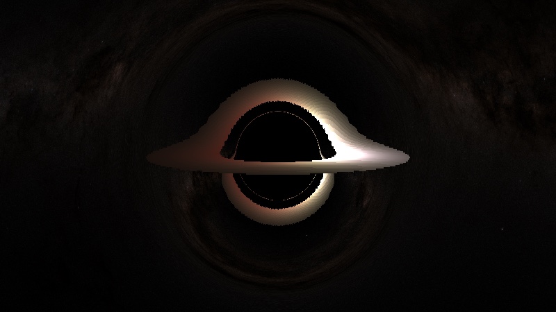 Rendered Schwarzschild black hole with a Doppler-boosted accretion disk lensed above and below the shadow, Milky Way in the background